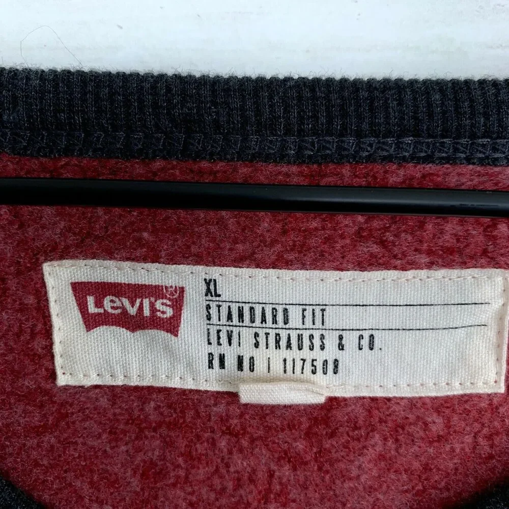 Levis Logo Crew Raglan Sweatshirt Red Gray Standard Fit Casual Lounge Mens XL